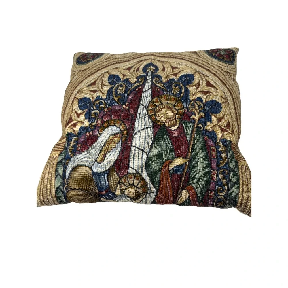 VTG Baby Jesus Mary Joseph Tapestry Pillow Needlepoint Pillow 12 X 12 Christ‎